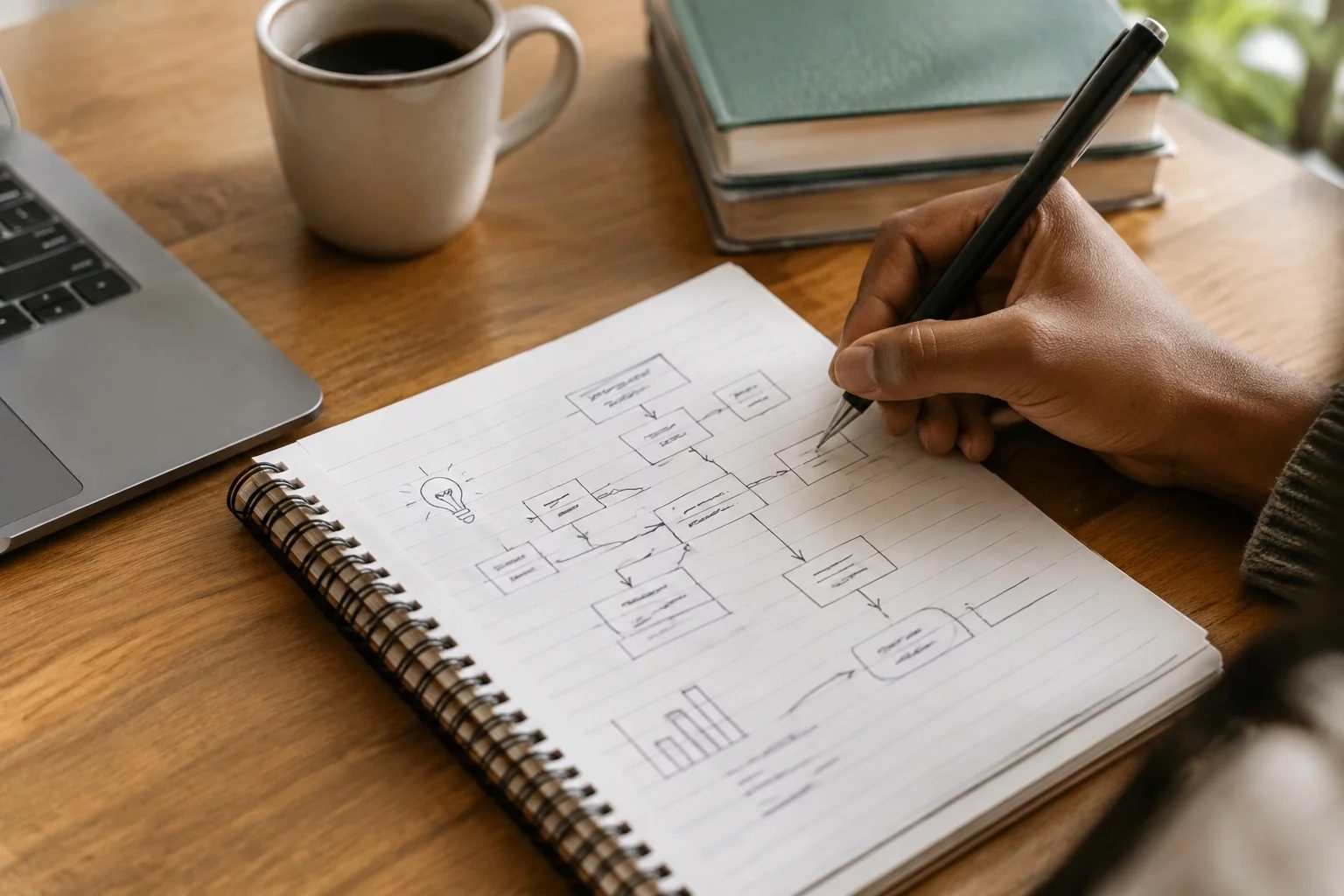 Vista de cima de uma mesa com um diagrama de lógica desenhado à mão