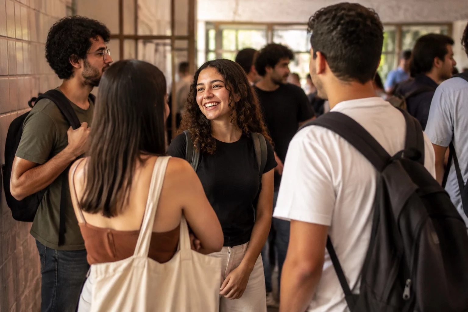 Estudantes com mochilas conversando no corredor de uma universidade