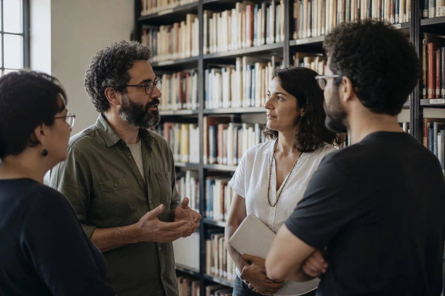 Estudantes conversando em pé entre as estantes de uma biblioteca