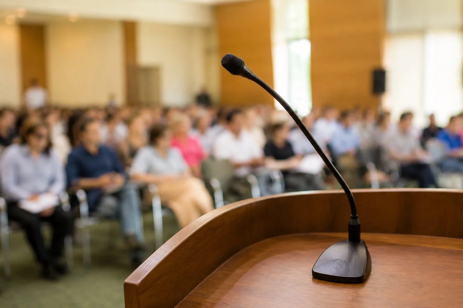 Microfone sobre uma tribuna, com a plateia sentada desfocada ao fundo