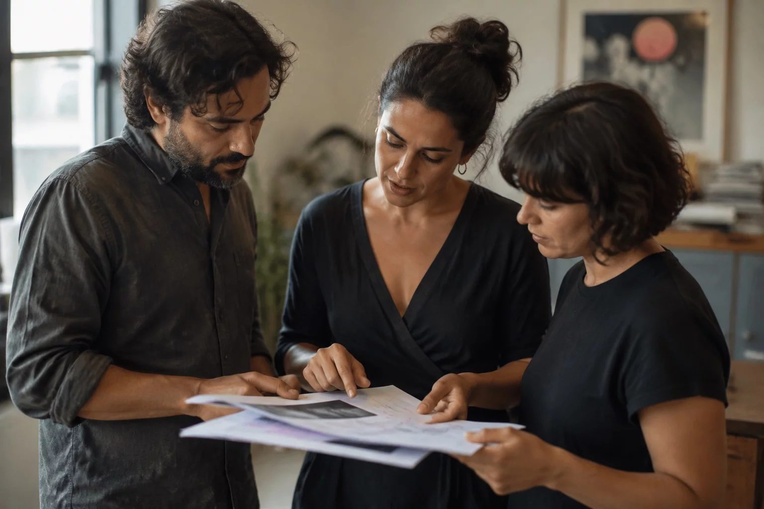 Grupo pequeno lendo páginas impressas de argumentos ao redor de uma mesa