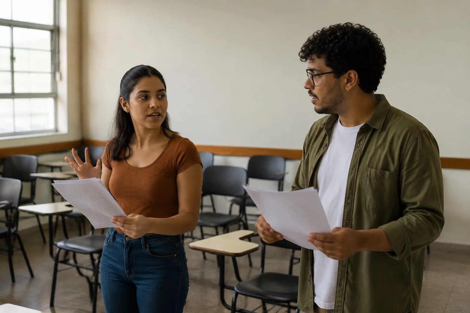 Dois estudantes preparando um debate com cadernos e marcadores