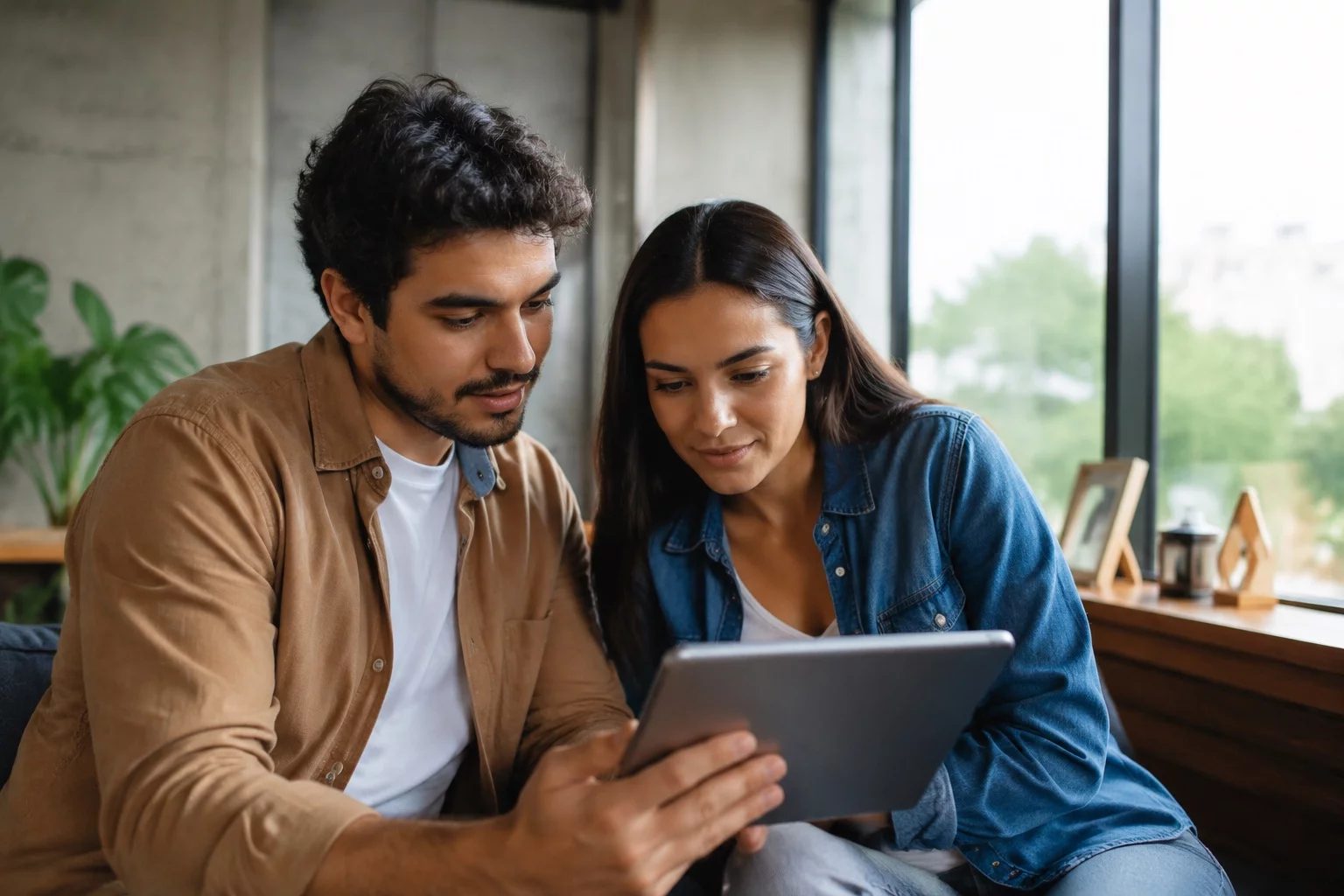 Duas pessoas revisando anotações em um tablet sobre uma mesa de madeira