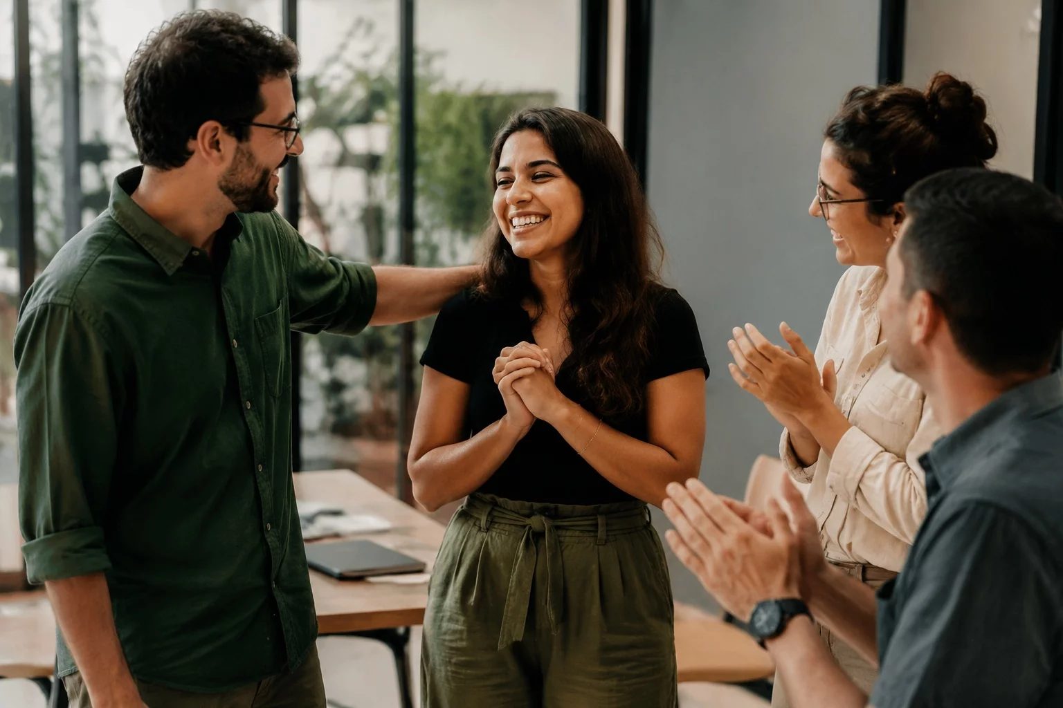 Grupo sorrindo após uma rodada de debate, com papéis nas mãos